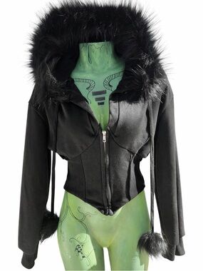 Black Faux Fur Trim Corset style Hooded Zip-Up Crop Jacket